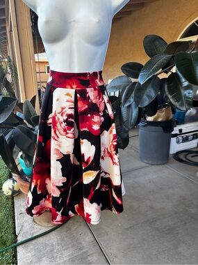 See You Monday Black Skater Skirt with Red and Cream Floral Design